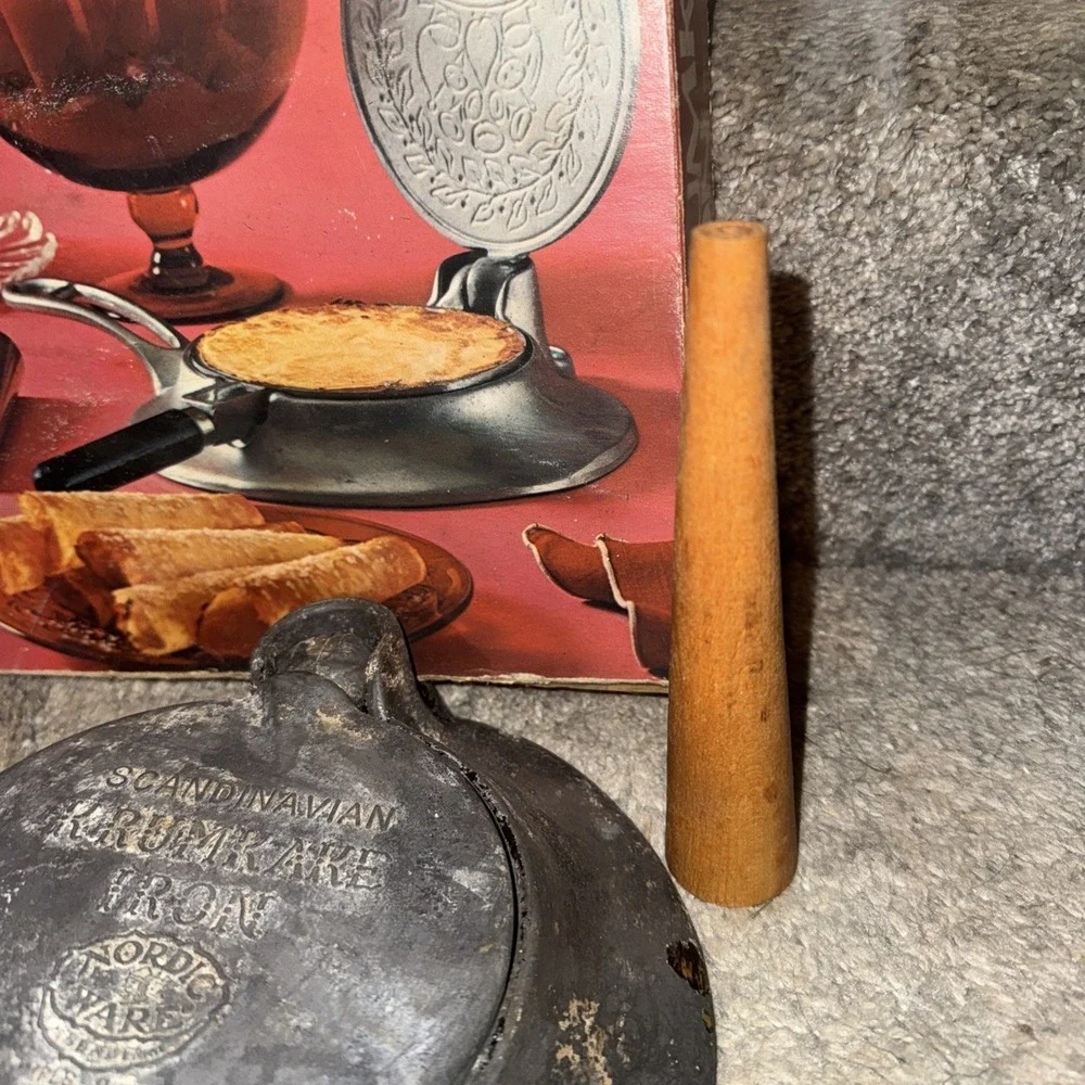 Vtg Scandinavian Nordic Ware Krumkake Iron with Wood Handle Stand & Cone in Box